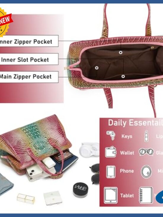 Medium Vegan Leather Satchel Tote with Crocodile Print, Shoulder & Crossbody Bag - Picture 4 of 6